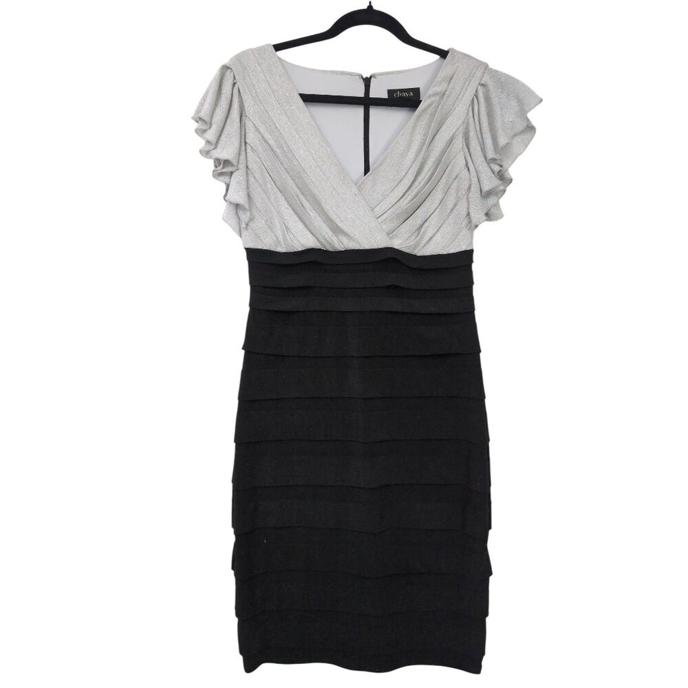 Chaya Sheath Dress Womens 6 Silver Black Stretchy Layered Bodycon Cocktail Event